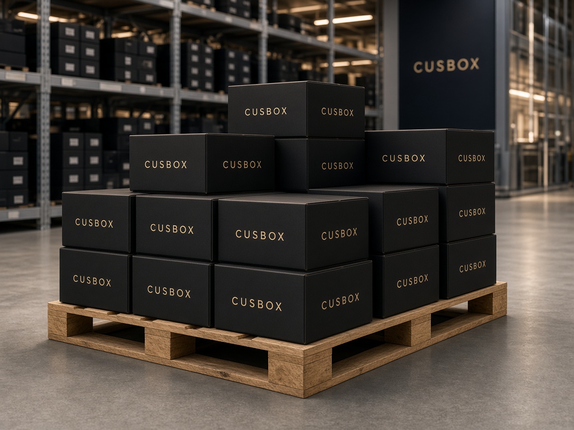 CUSBOX branded shipping boxes on pallets in a corporate warehouse